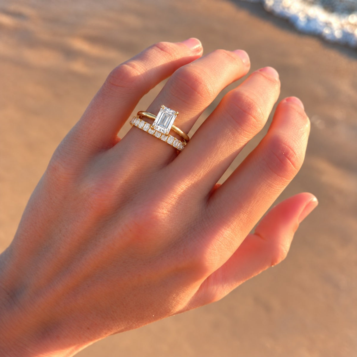 Engagement ring and wedding band paired with this band