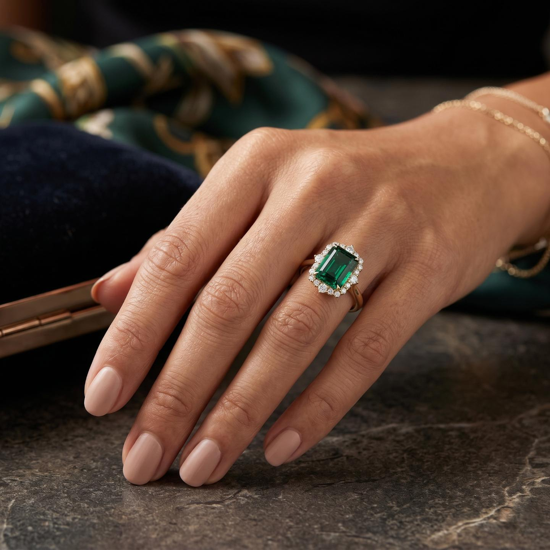 The Crown Halo — Diamond Halo Emerald Ring