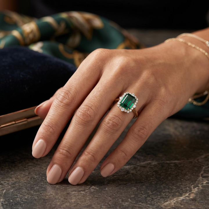 The Crown Halo — Diamond Halo Emerald Ring