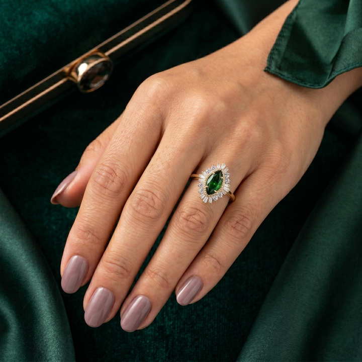 The Helios — Diamond Sunburst Emerald Ring