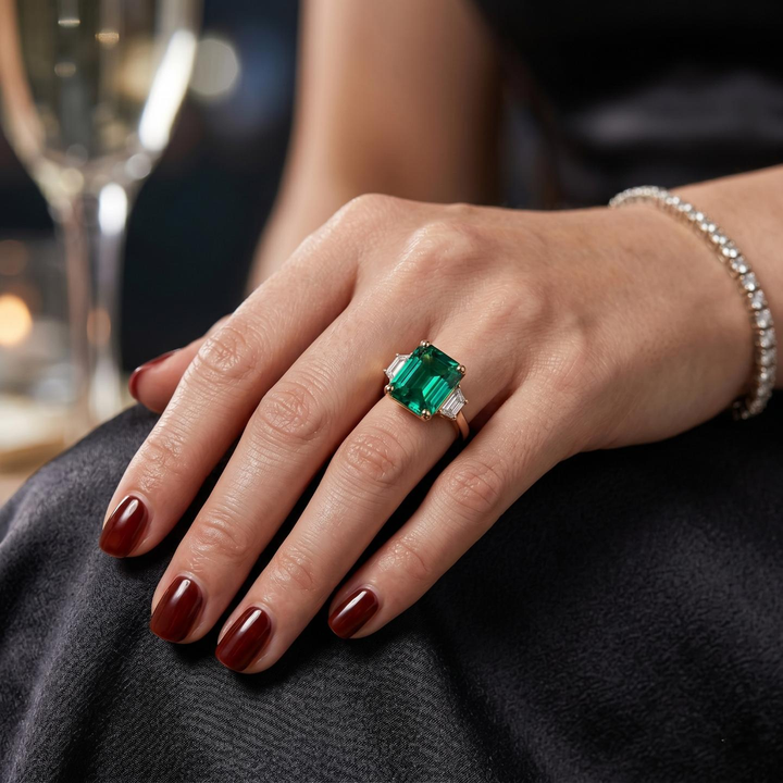 The Meridian — Emerald Three-Stone Ring