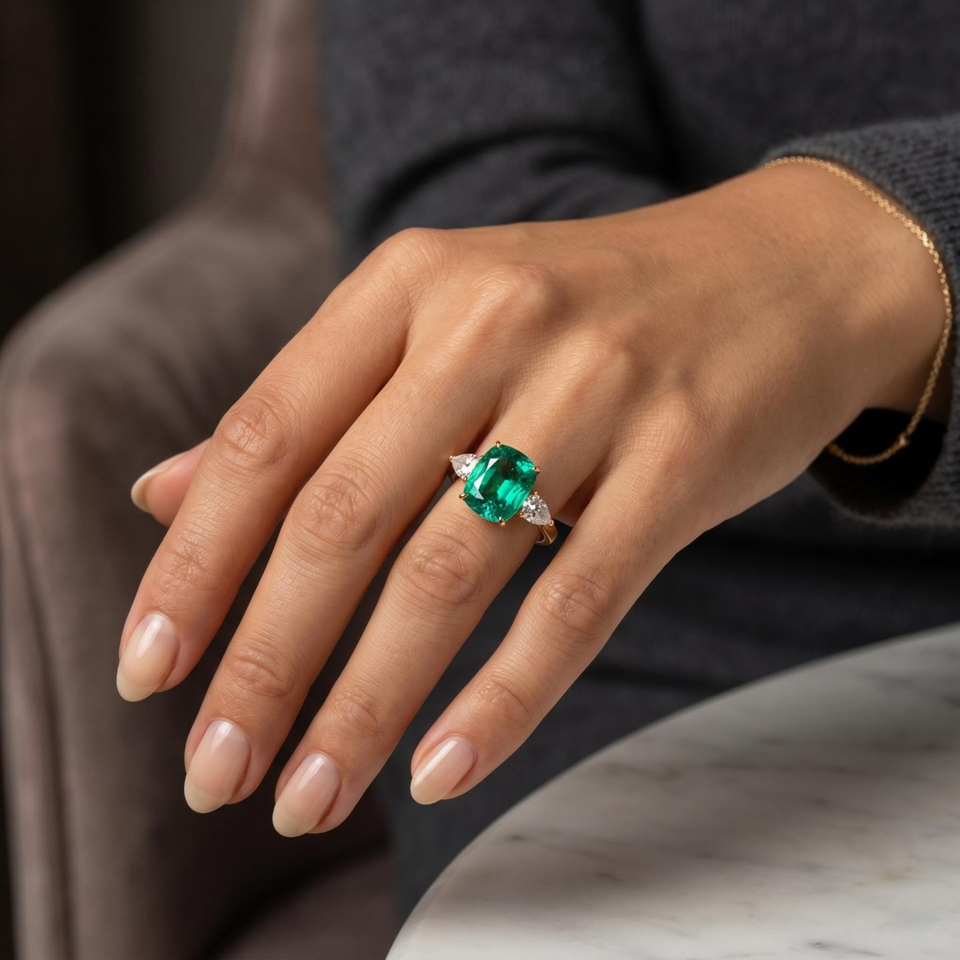 The Elysian — Cushion Three-Stone Emerald Ring