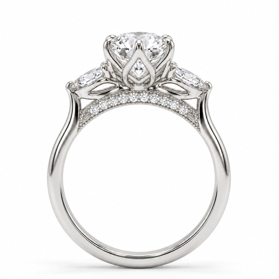 Lotus Lace Trilogy oval and pear lab diamond three-stone ring, view 7