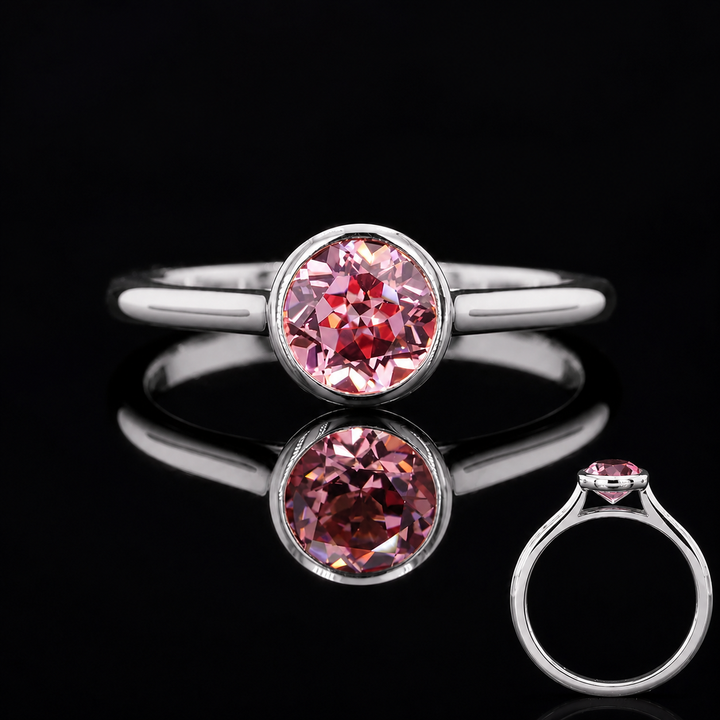 The Lune — Pink Round Sapphire Bezel Solitaire Ring