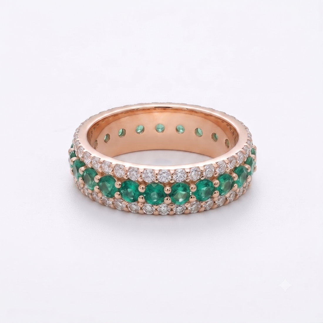 Emerald and diamond eternity band, view 8
