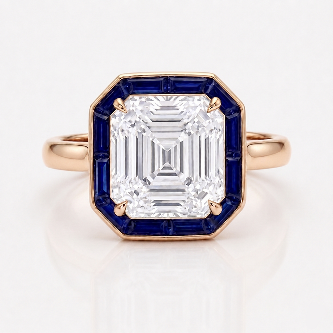 The Regent Asscher lab diamond ring with sapphire halo in 14K rose gold