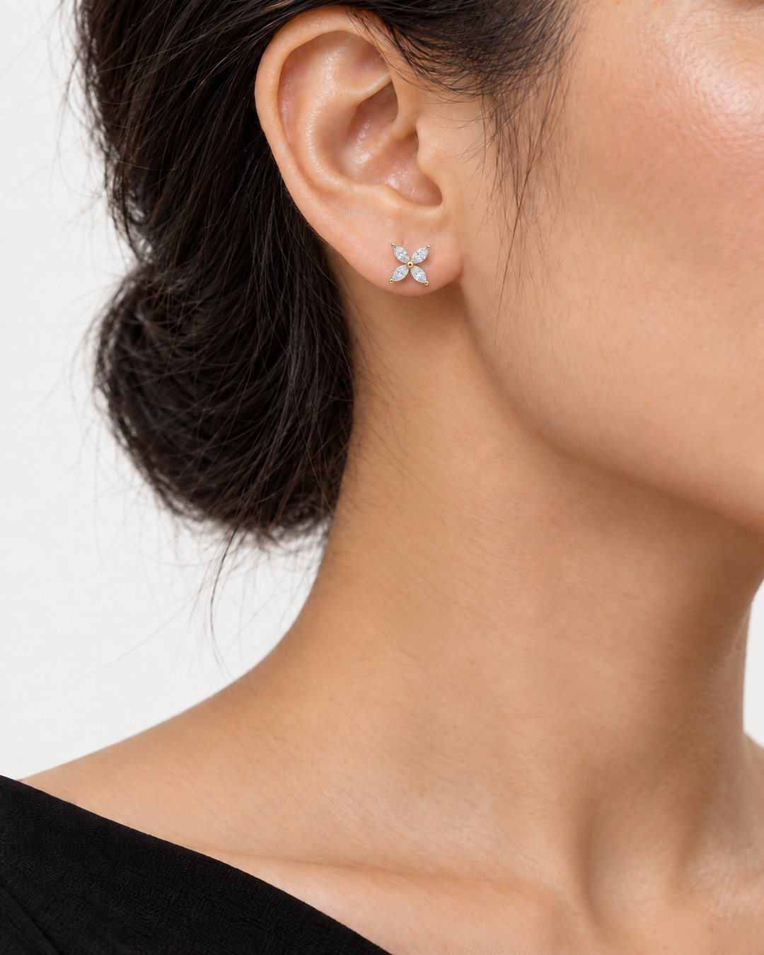 The Jardin Blossom Lab Diamond Stud Earrings worn on the ear