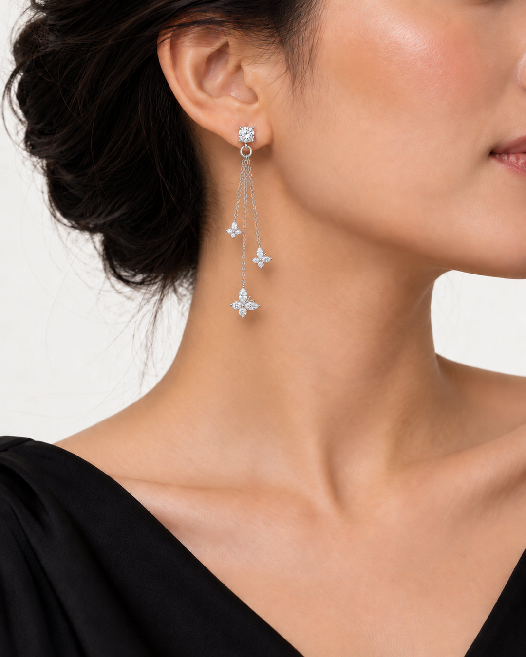 The Jardin Butterfly Lab Diamond Drop Earrings worn, three-quarter view