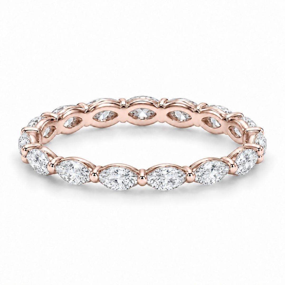 Marquise lab-grown diamond eternity band, 4x2mm, 14K rose gold, angled view