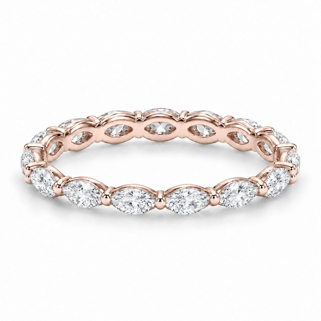Marquise lab-grown diamond eternity band, 4x2mm, 14K rose gold, angled view