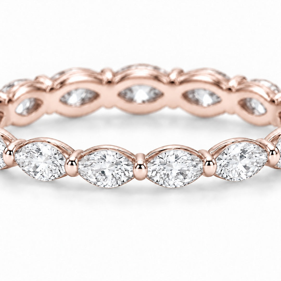 Marquise lab-grown diamond eternity band, 4x2mm, 14K rose gold, macro of the stones