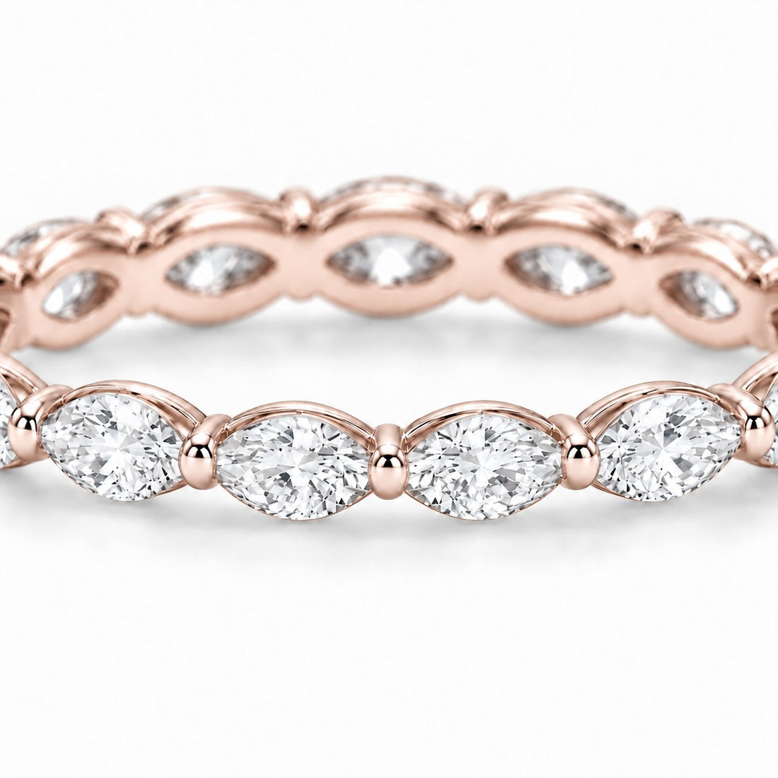 Marquise lab-grown diamond eternity band, 4x2mm, 14K rose gold, macro of the stones