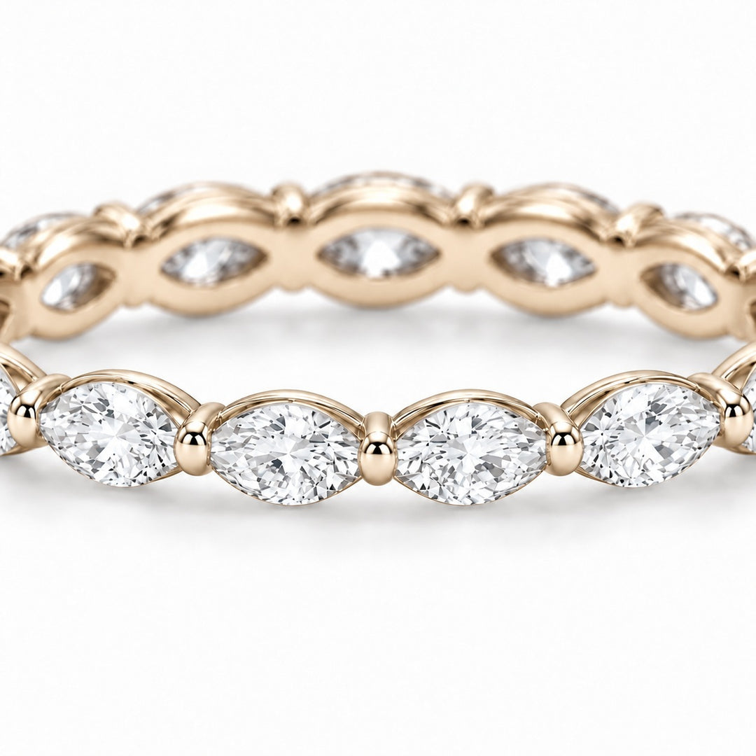Marquise lab-grown diamond eternity band, 4x2mm, 14K yellow gold, macro of the stones