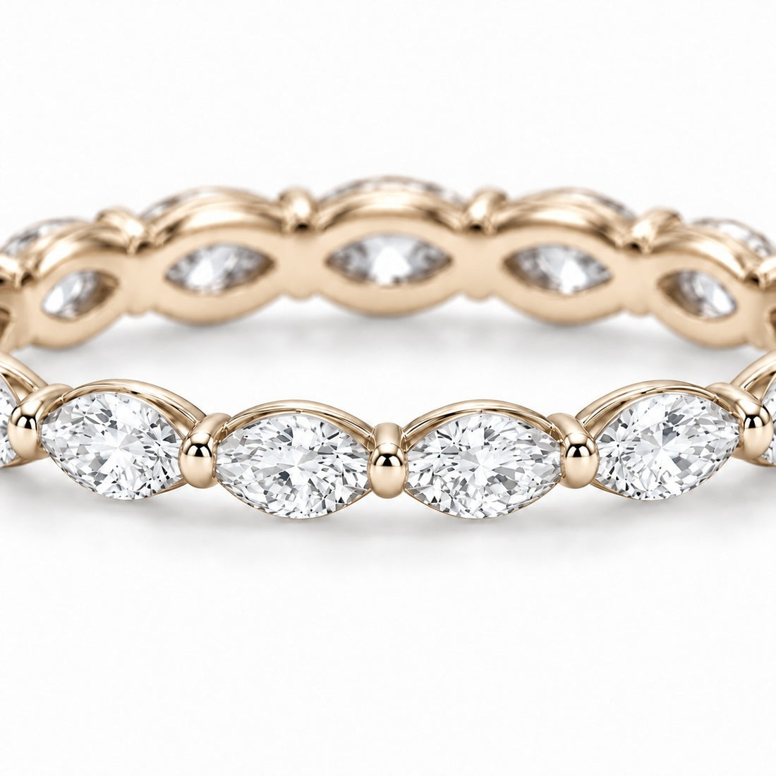 Marquise lab-grown diamond eternity band, 4x2mm, 14K yellow gold, macro of the stones
