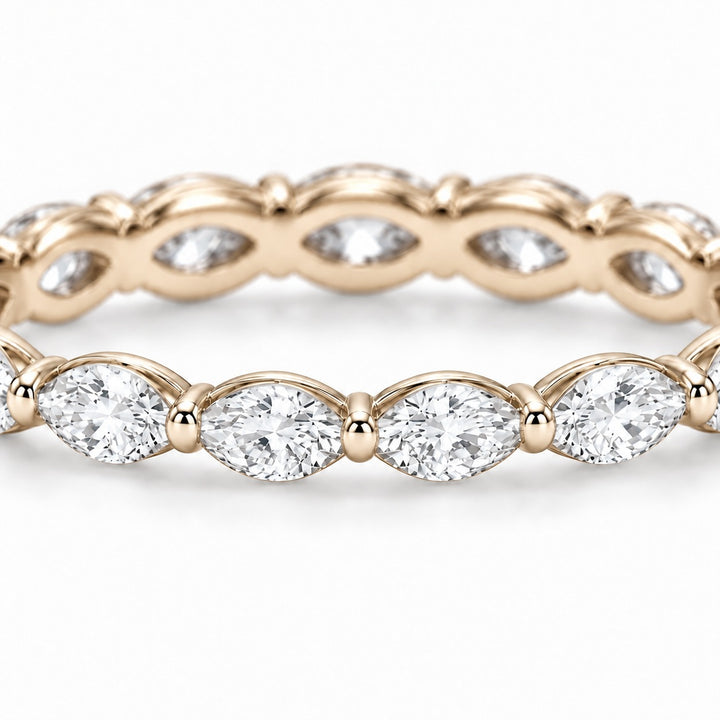 Marquise lab-grown diamond eternity band, 4x2mm, 14K yellow gold, macro of the stones