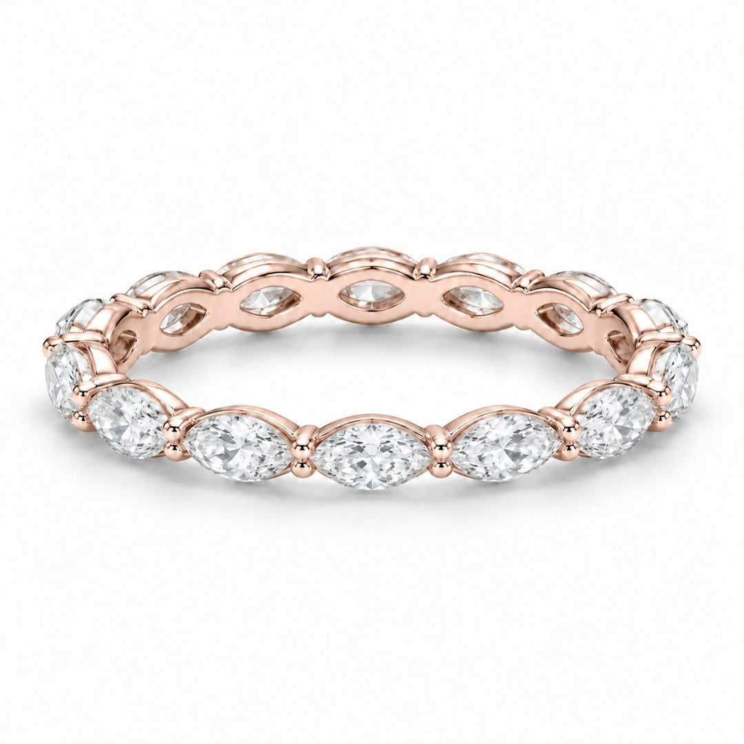 Marquise lab-grown diamond eternity band, 5x2.5mm, 14K rose gold, angled view