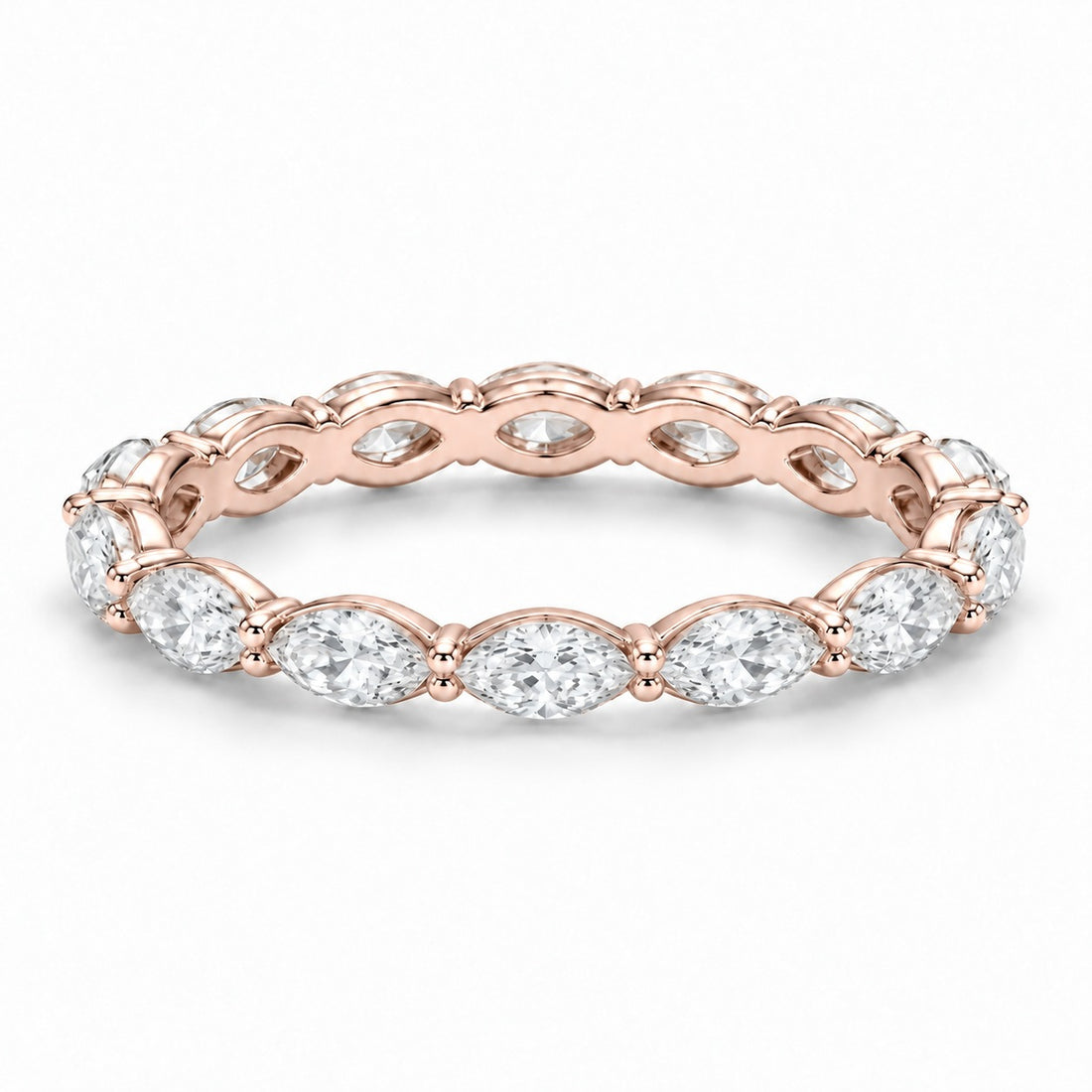 Marquise lab-grown diamond eternity band, 5x2.5mm, 14K rose gold, angled view