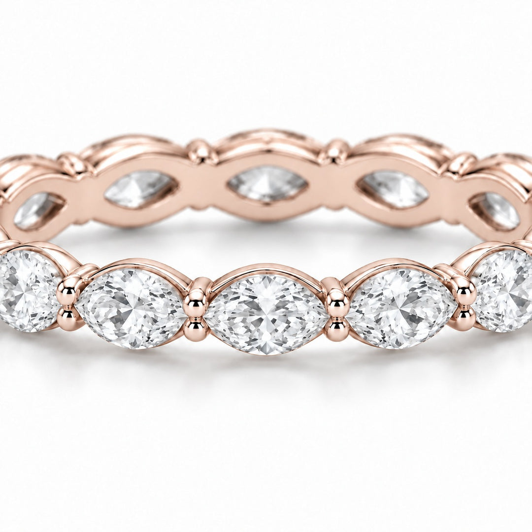 Marquise lab-grown diamond eternity band, 5x2.5mm, 14K rose gold, macro of the stones
