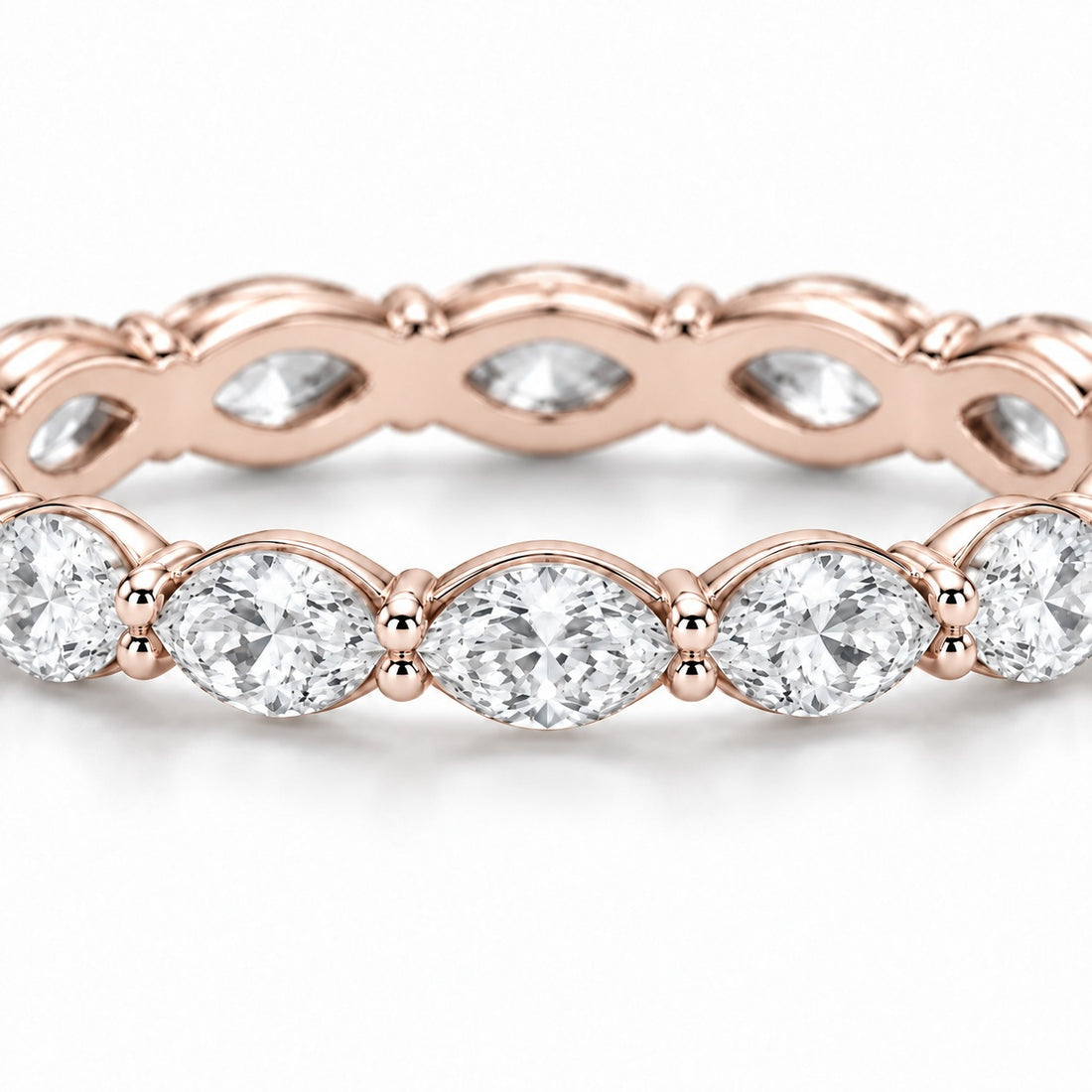 Marquise lab-grown diamond eternity band, 5x2.5mm, 14K rose gold, macro of the stones