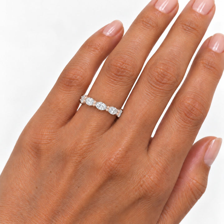 Marquise lab-grown diamond eternity band, 5x2.5mm, 14K rose gold, on the hand