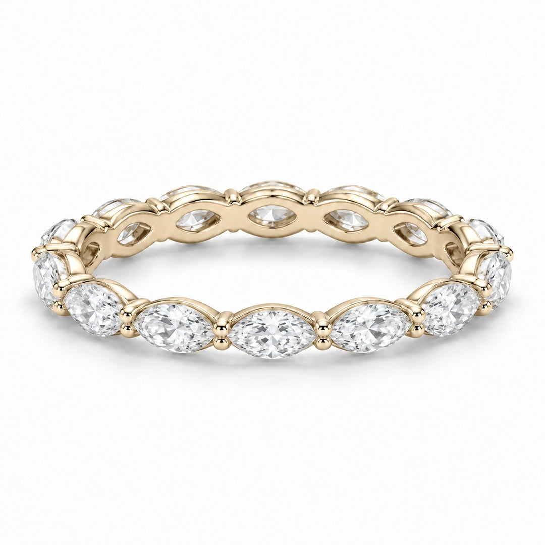 Marquise lab-grown diamond eternity band, 5x2.5mm, 14K yellow gold, angled view