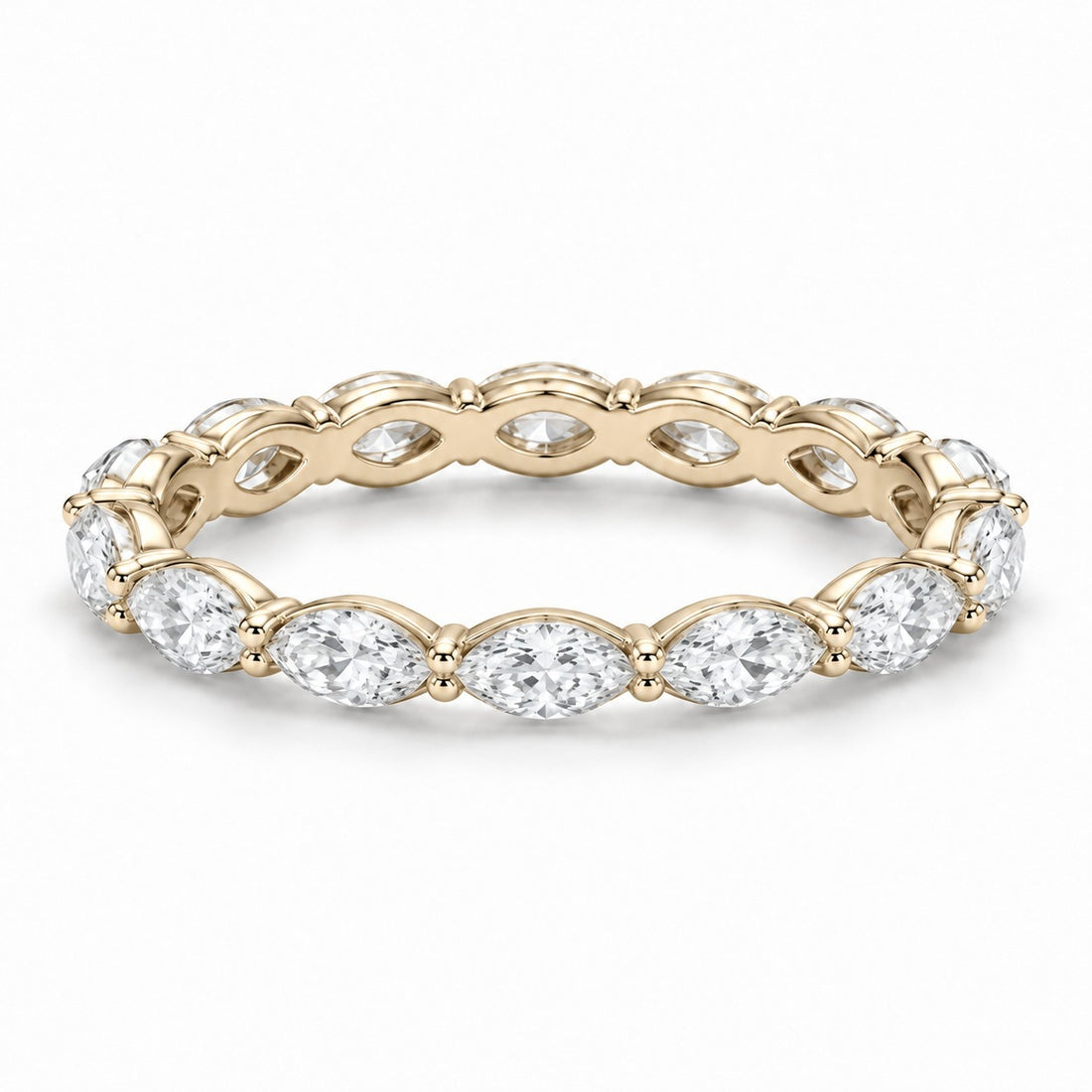 Marquise lab-grown diamond eternity band, 5x2.5mm, 14K yellow gold, angled view
