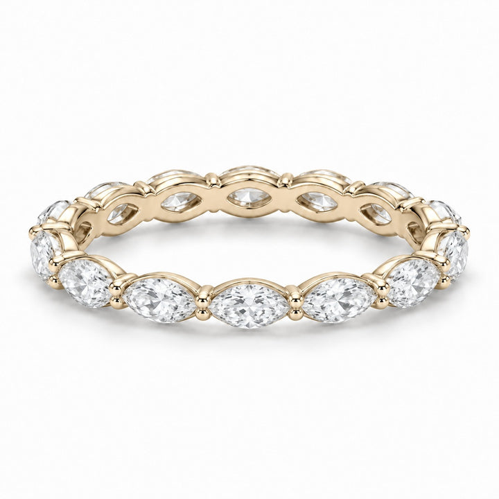 Marquise lab-grown diamond eternity band, 5x2.5mm, 14K yellow gold, angled view