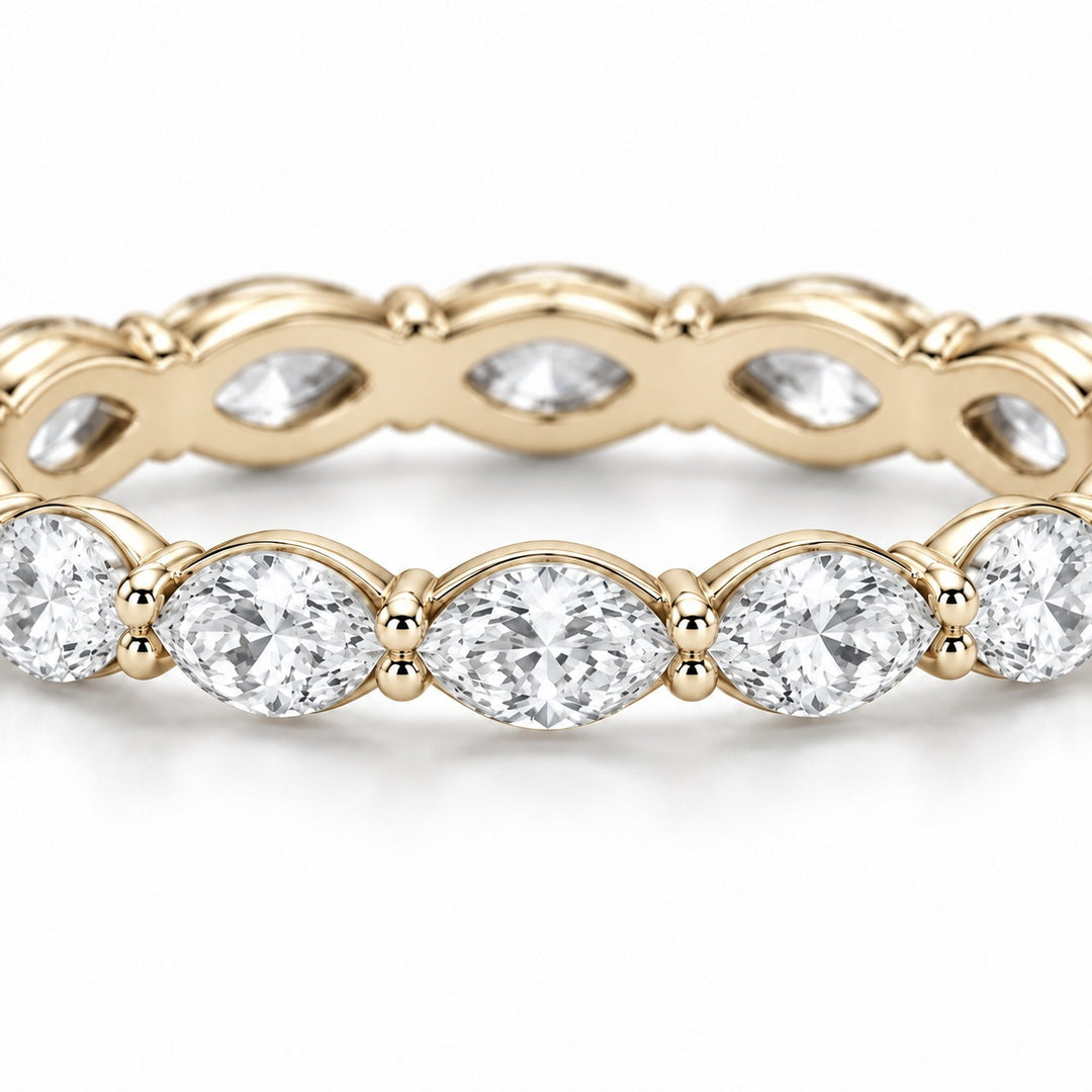 Marquise lab-grown diamond eternity band, 5x2.5mm, 14K yellow gold, macro of the stones