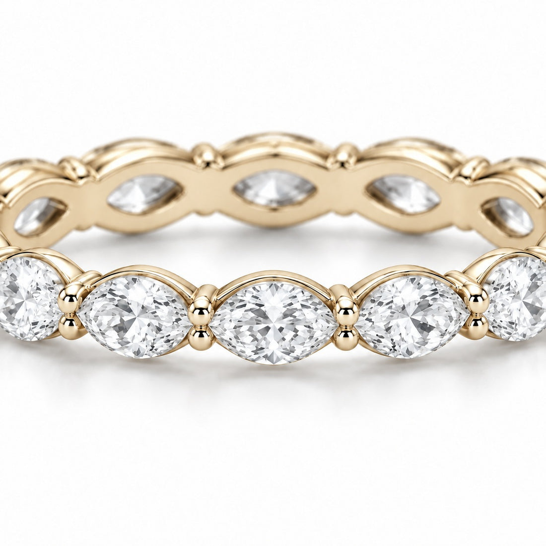 Marquise lab-grown diamond eternity band, 5x2.5mm, 14K yellow gold, macro of the stones