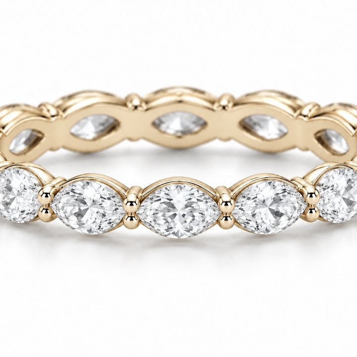 Marquise lab-grown diamond eternity band, 5x2.5mm, 14K yellow gold, macro of the stones
