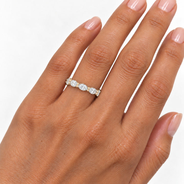 Marquise lab-grown diamond eternity band, 5x2.5mm, 14K yellow gold, on the hand