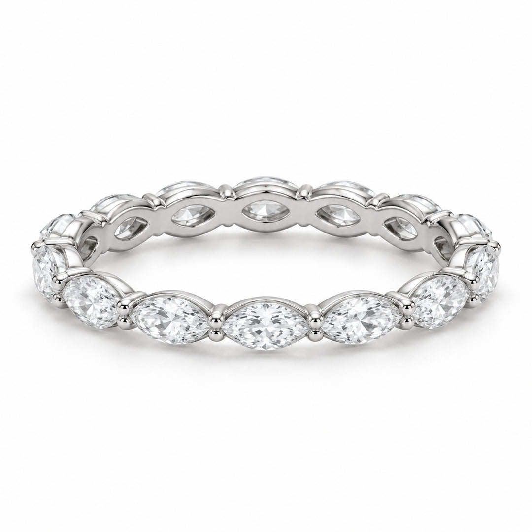 Marquise lab-grown diamond eternity band, 5x2.5mm, 14K white gold, angled view