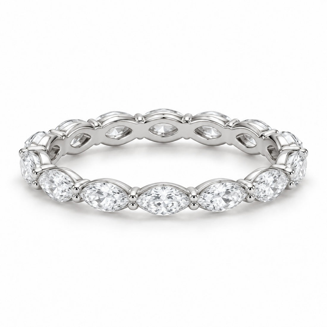 Marquise lab-grown diamond eternity band, 5x2.5mm, 14K white gold, angled view