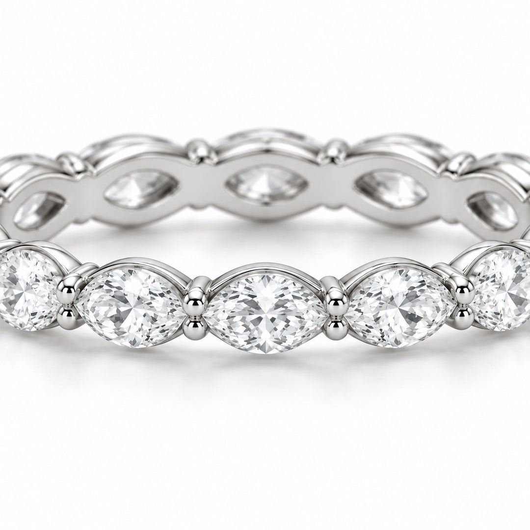 Marquise lab-grown diamond eternity band, 5x2.5mm, 14K white gold, macro of the stones