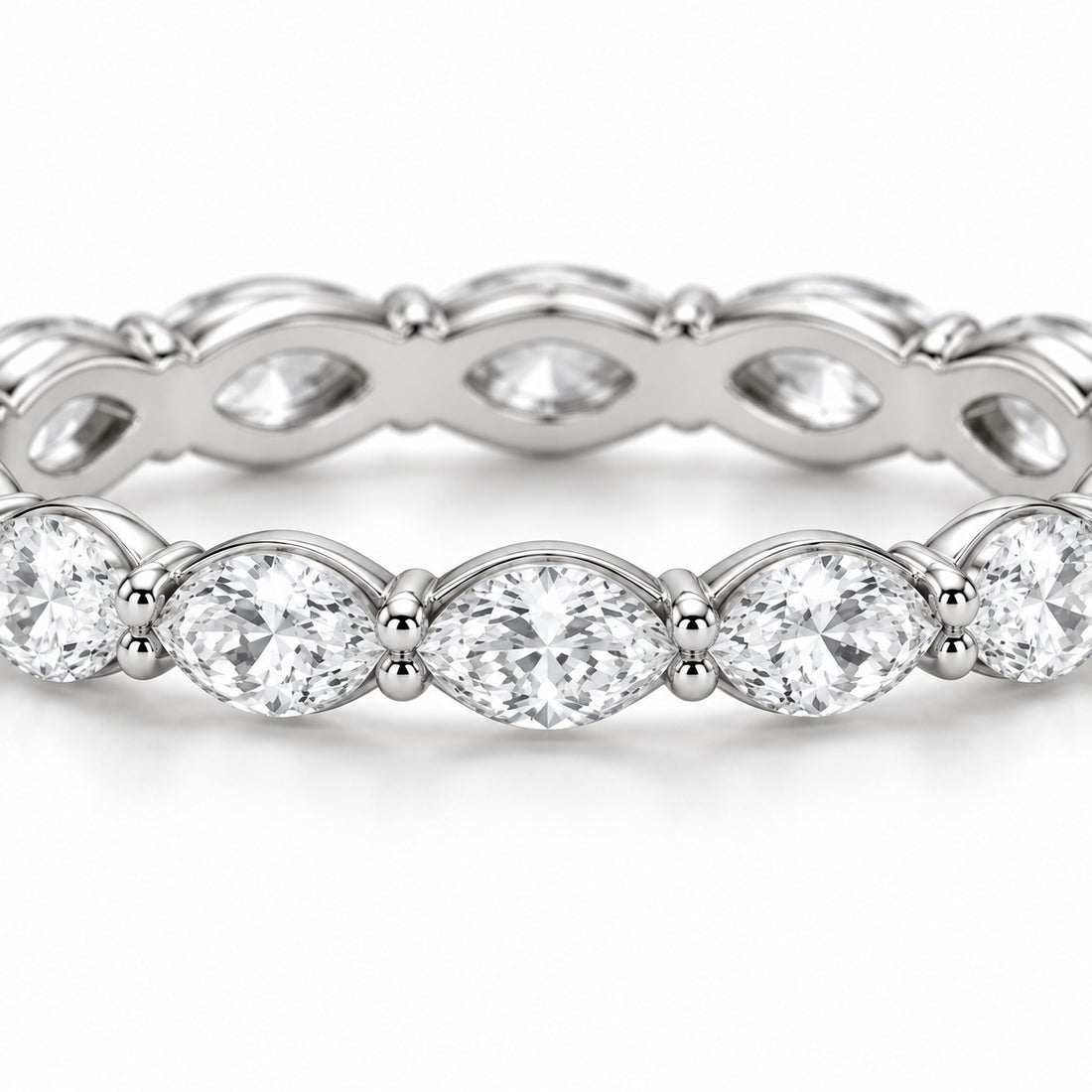 Marquise lab-grown diamond eternity band, 5x2.5mm, 14K white gold, macro of the stones