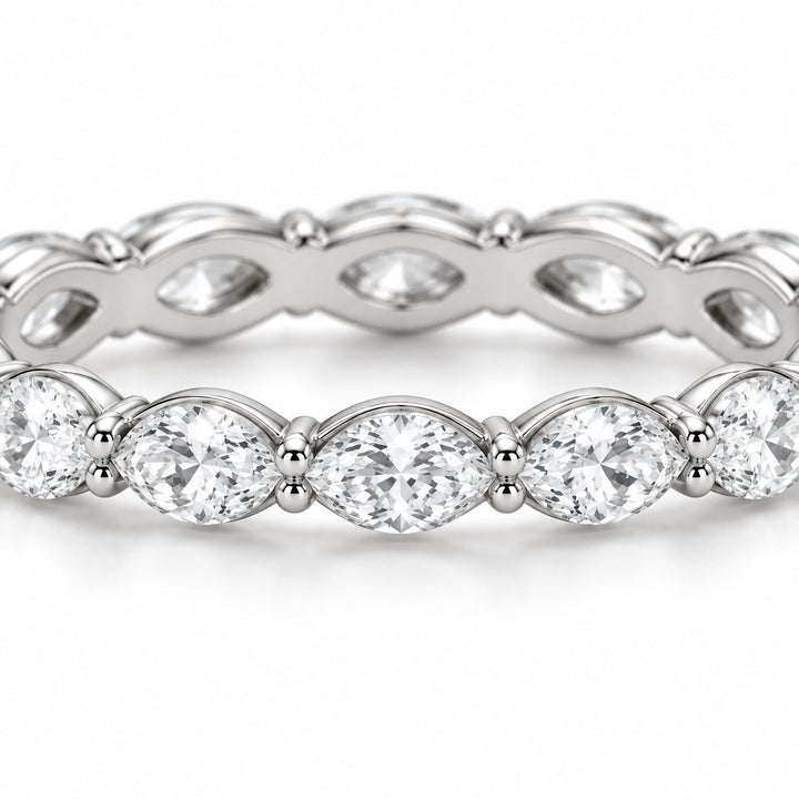 Marquise lab-grown diamond eternity band, 5x2.5mm, 14K white gold, macro of the stones