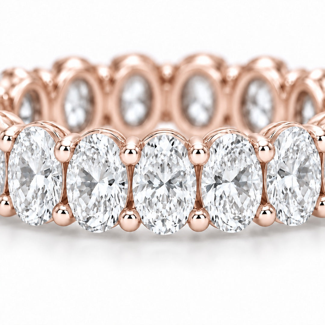 Oval lab-grown diamond eternity band, 4x3mm, 14K rose gold, macro of the stones
