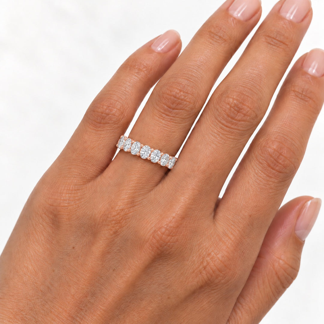 Oval lab-grown diamond eternity band, 4x3mm, 14K rose gold, on the hand
