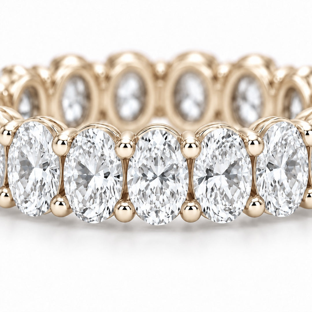 Oval lab-grown diamond eternity band, 4x3mm, 14K yellow gold, macro of the stones