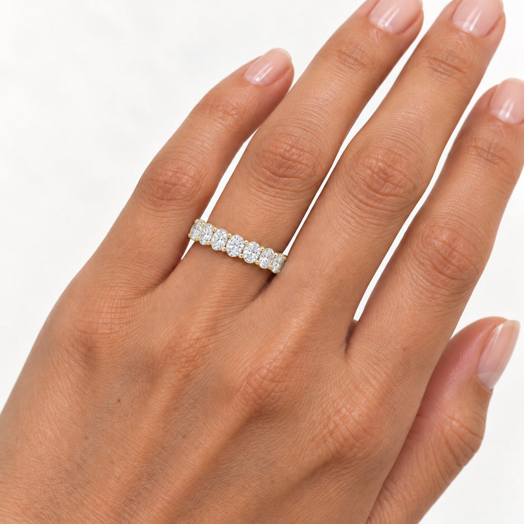 Oval lab-grown diamond eternity band, 4x3mm, 14K yellow gold, on the hand