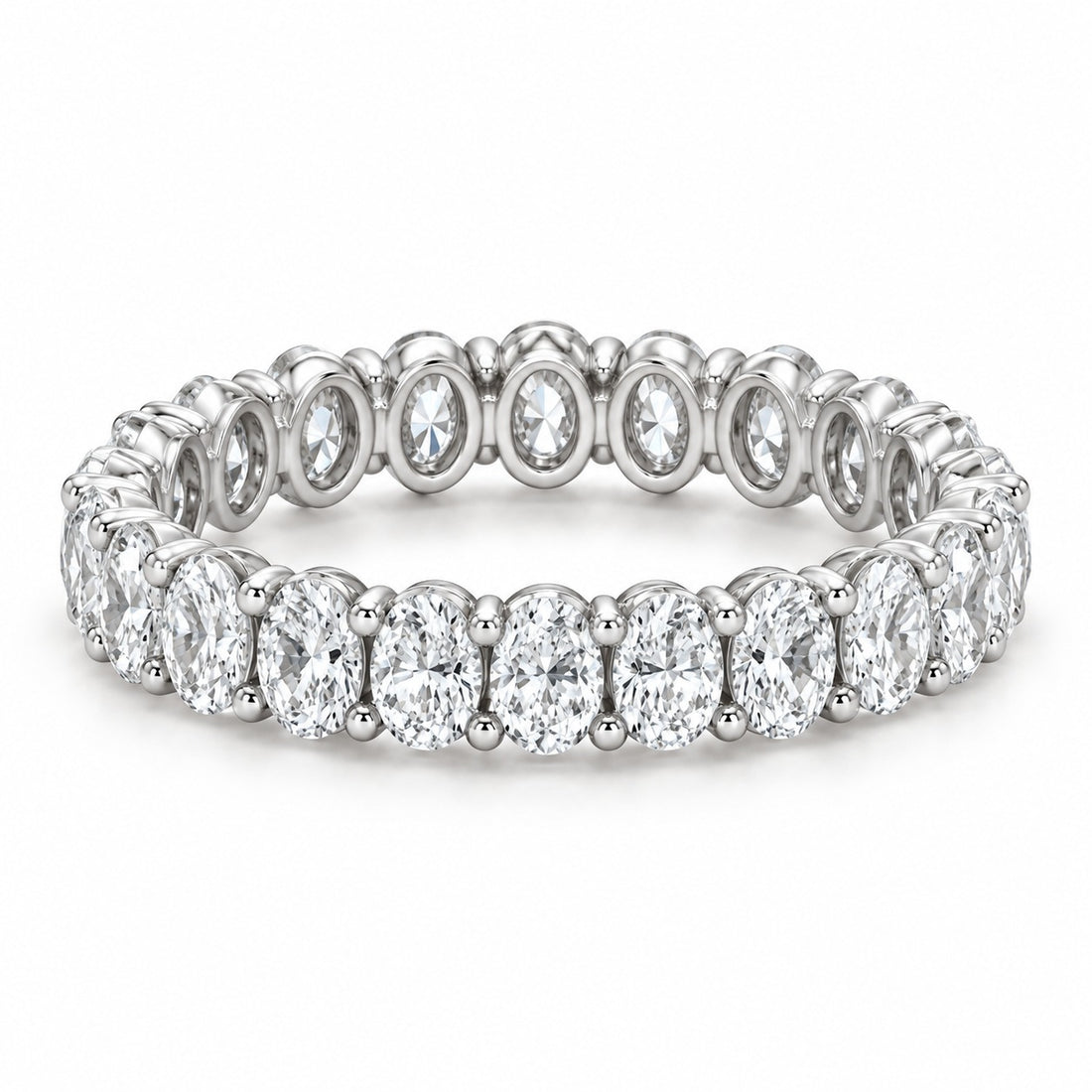 Oval lab-grown diamond eternity band, 4x3mm, 14K white gold, angled view