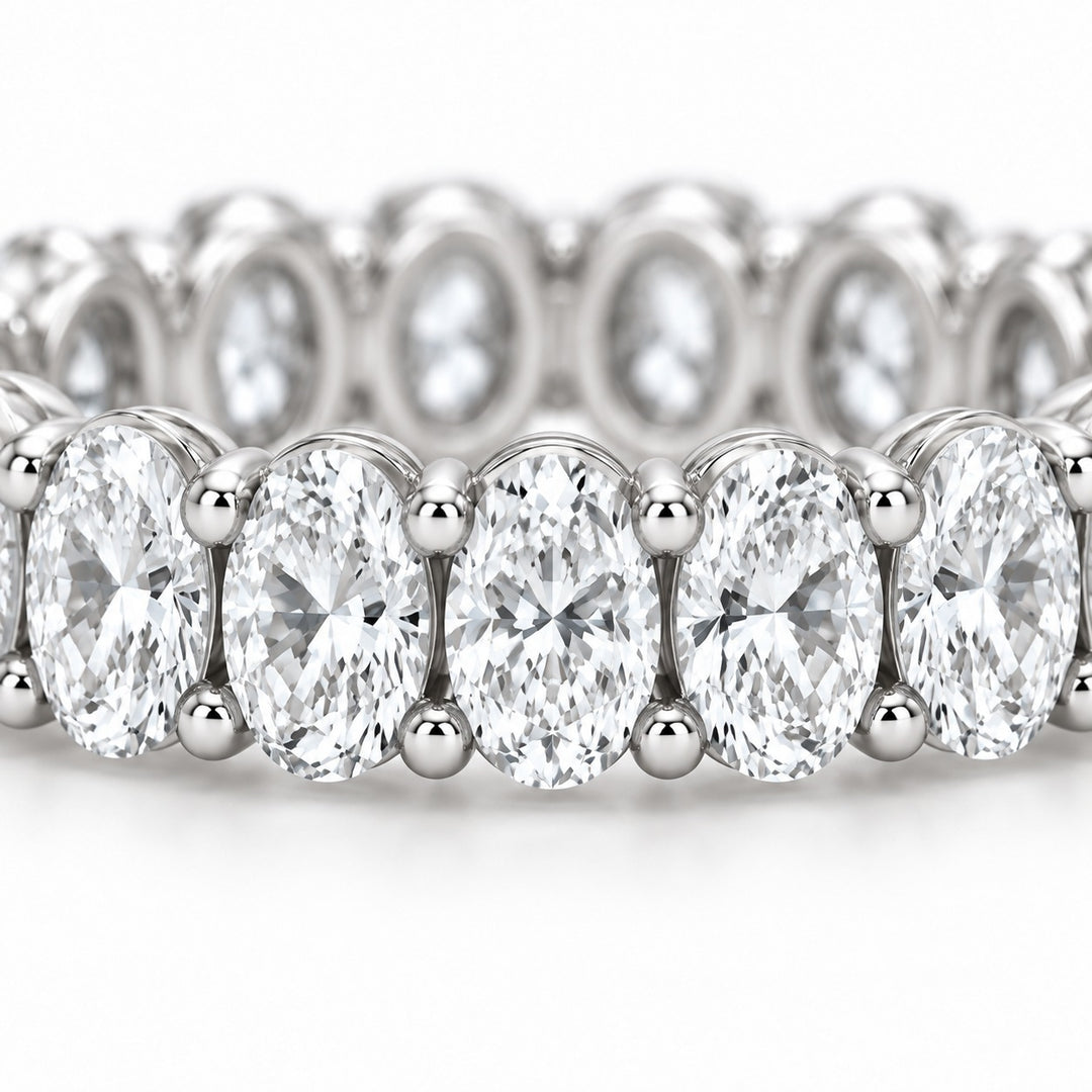 Oval lab-grown diamond eternity band, 4x3mm, 14K white gold, macro of the stones