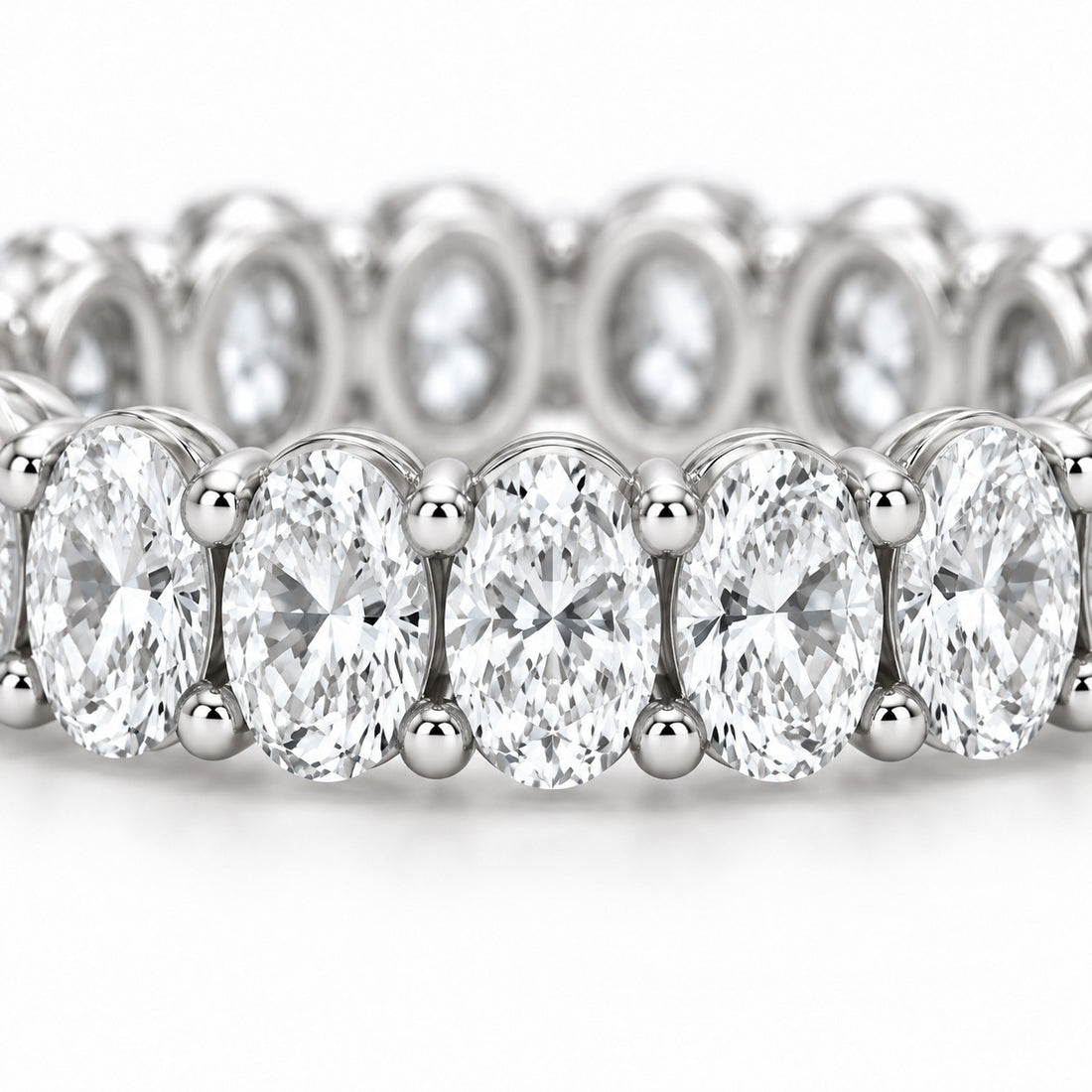 Oval lab-grown diamond eternity band, 4x3mm, 14K white gold, macro of the stones