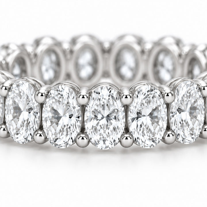 Oval lab-grown diamond eternity band, 4x3mm, 14K white gold, macro of the stones