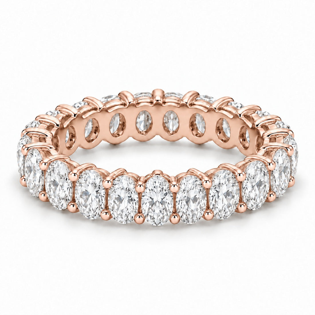 Oval lab-grown diamond eternity band, 5x3.5mm, 14K rose gold, angled view