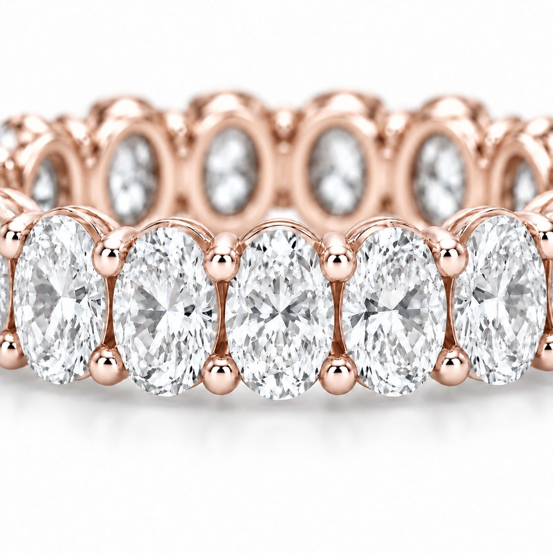 Oval lab-grown diamond eternity band, 5x3.5mm, 14K rose gold, macro of the stones