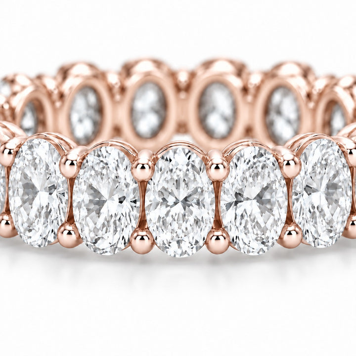Oval lab-grown diamond eternity band, 5x3.5mm, 14K rose gold, macro of the stones