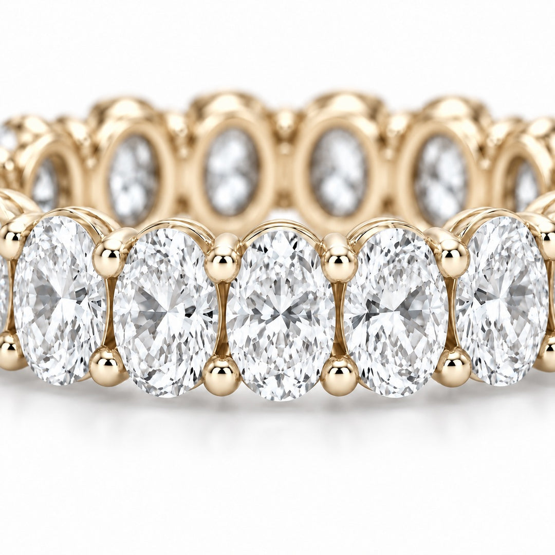 Oval lab-grown diamond eternity band, 5x3.5mm, 14K yellow gold, macro of the stones