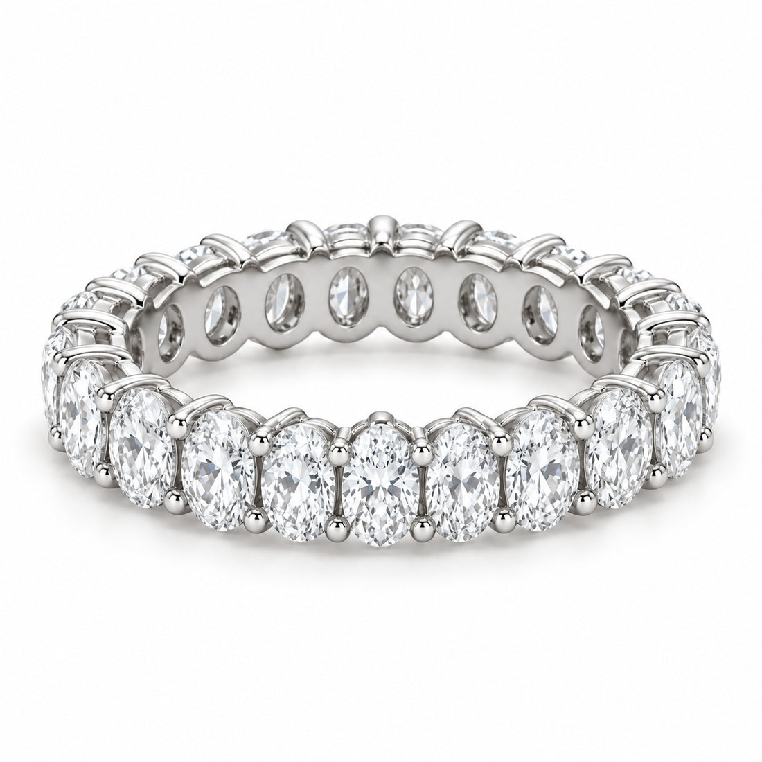 Oval lab-grown diamond eternity band, 5x3.5mm, 14K white gold, angled view