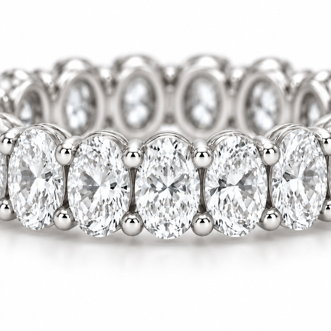 Oval lab-grown diamond eternity band, 5x3.5mm, 14K white gold, macro of the stones